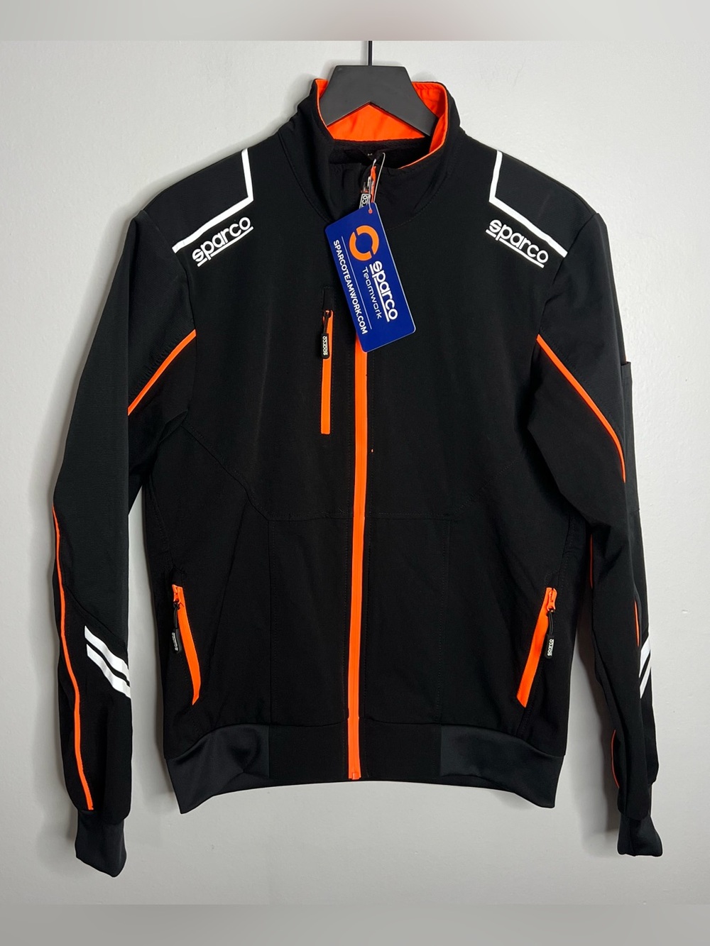 Sparco Austin Tech Softshell Zip Jacket Mens Medium Black Orange Teamwork NWT